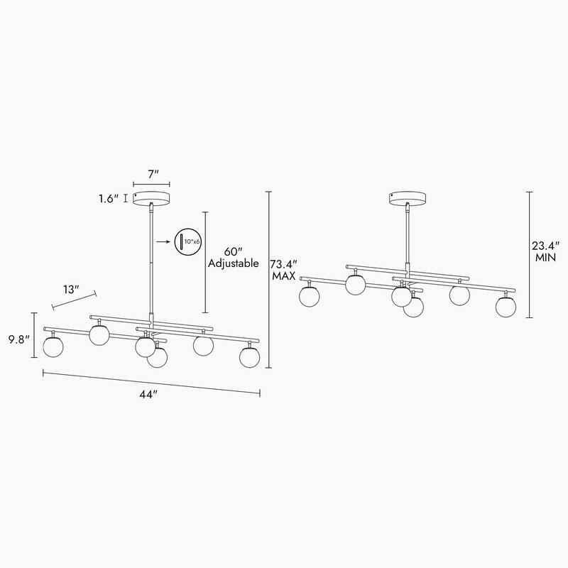Modern 6-Light Black Gold LED Chandelier Linear Glass Pendant Lights for Dining Room - 44" L x 13" W x 9.8" H