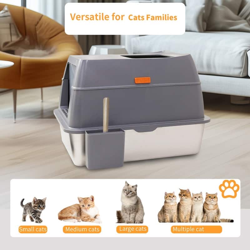 Extra Large Enclosed Stainless Steel Cat Litter Box Metal Litter Tray
