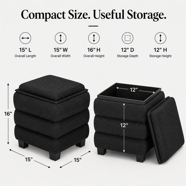 dimension image slide 1 of 3, Aria Home Tessa Storage Ottoman Cube with Tray Top Seat Bench