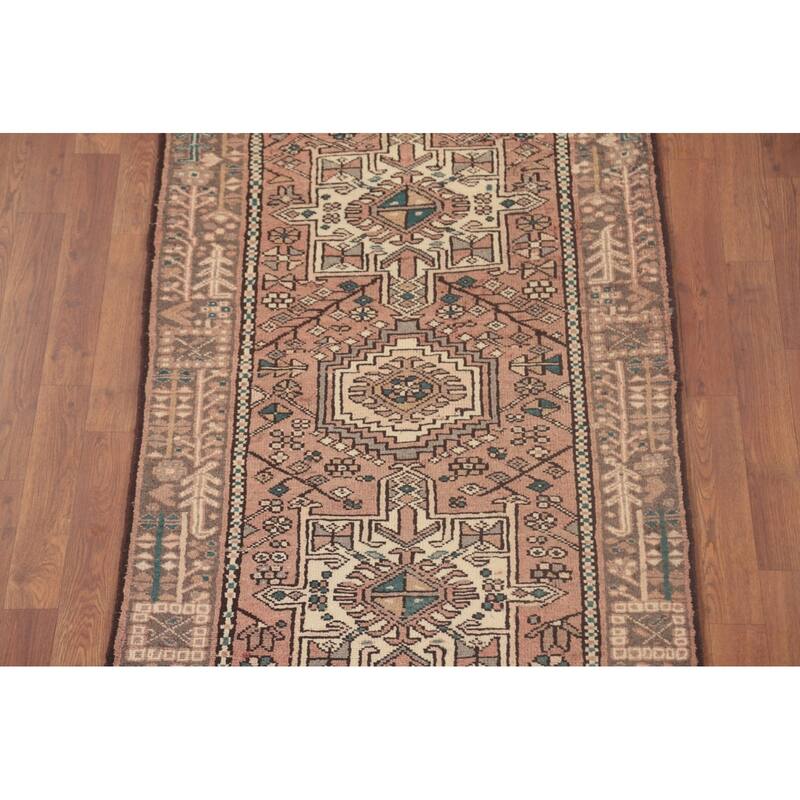 Tribal Pink Gharajeh Persian Vintage Runner Rug Wool Carpet - 3'0"x 10'6"