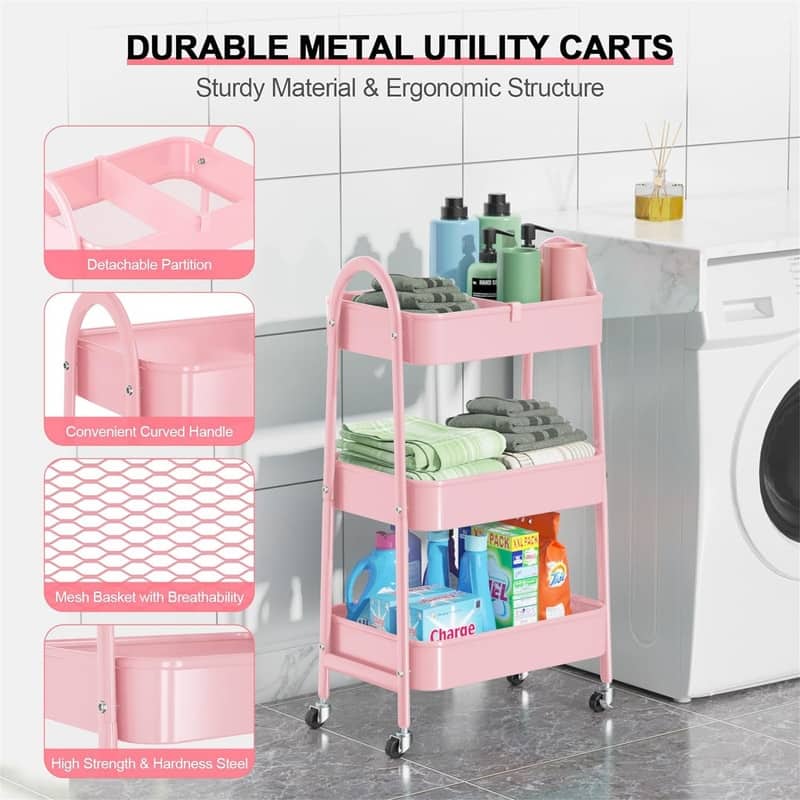3 Tier Utility Rolling Cart - 15.94"D x 12.4"W x 30.51"H
