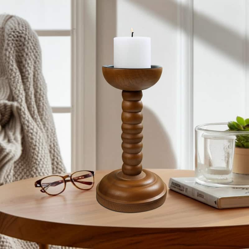 Wood Candle Holder Sculpted Round Base and Turned Detailing Accent