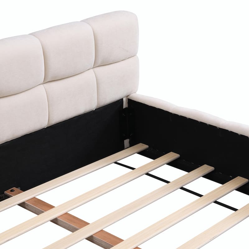 Elegant Beige Chenille Upholstered Bed with Checkerboard Pattern