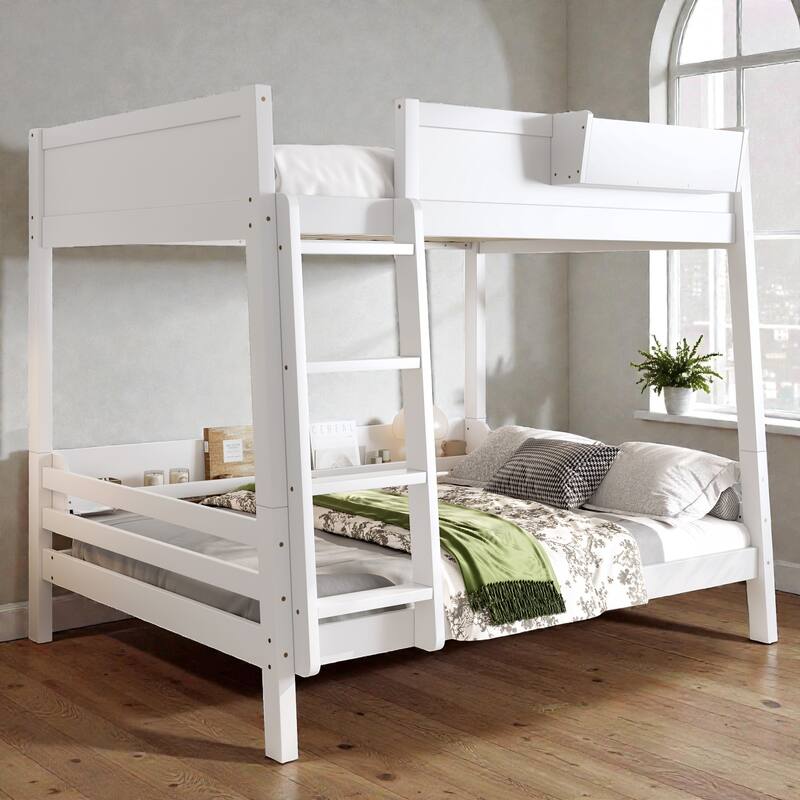 Wooden Bunk Bed Frame with Built-In Storage Shelves, Convertible to Two Beds, No Box Spring Needed