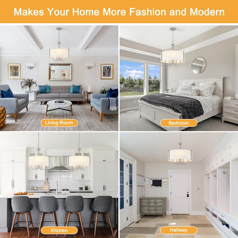 18.35inch 5-Light Modern Adjustable Height Chandelier Metal Frame with Shade for Multiple Spaces