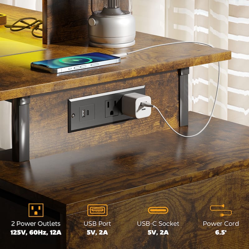 RGB LED Lighted Gaming Desk with USB Charging Ports and Monitor Stand Storage Shelves