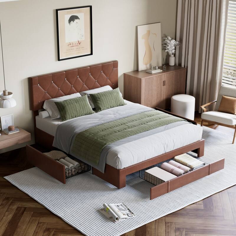 VECELO Bed Frame with Storage Drawers Leather Upholstered with Diamond Tufted Headboard Solid Wood Slat Support
