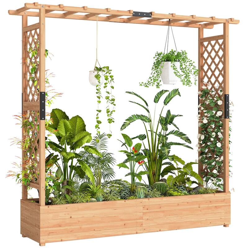 Outsunny Raised Garden Bed with Trellis, Wooden Planter Box with Hanging Roof and Drainage Holes, 77.2" x 17.3" x 71.3", Natural