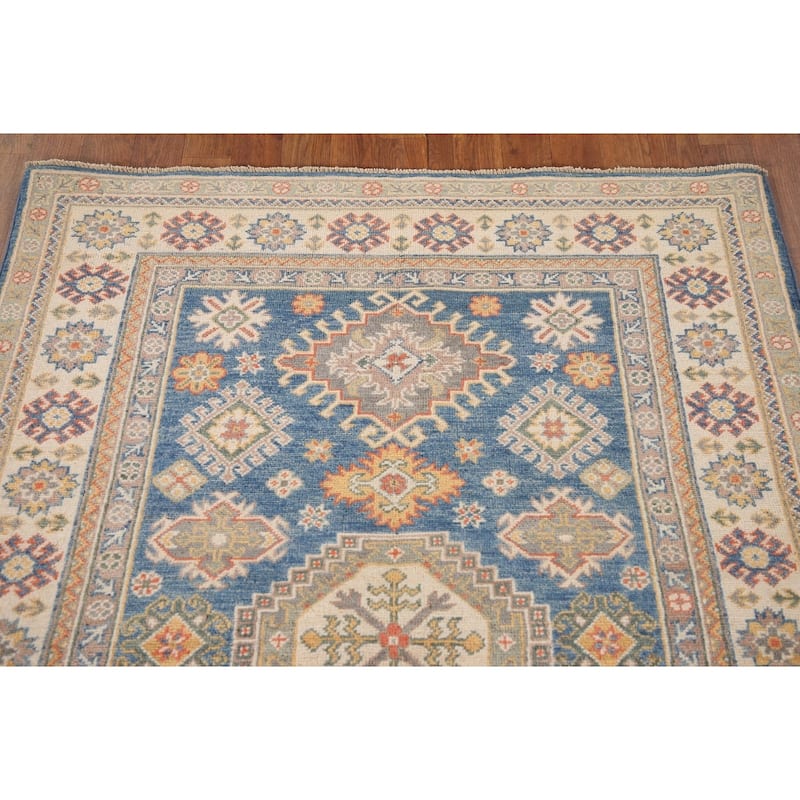 Blue Geometric Kazak Oriental Area Rug Hand-Knotted Wool Carpet - 4'0"x 5'9"