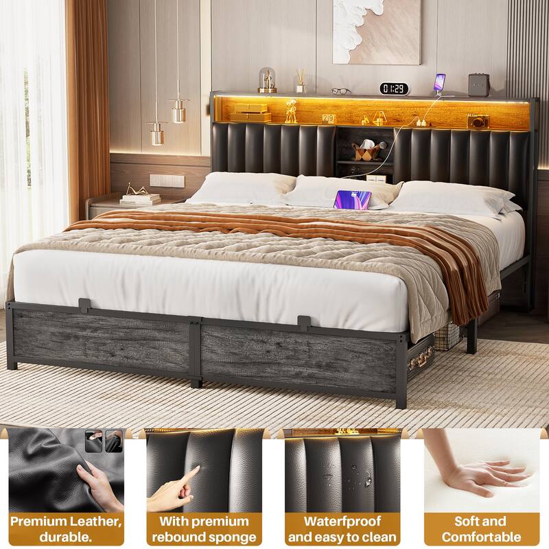 Upholstered Bed Frame with Storage Shelving, Platform Beds with Charge Station and LED Lights