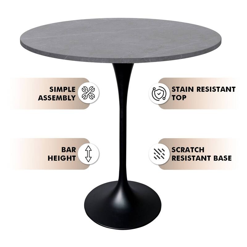 LeisureMod Verve 36" Bar Height Dining Table with Sintered Stone Round Top in Black Padestal Base