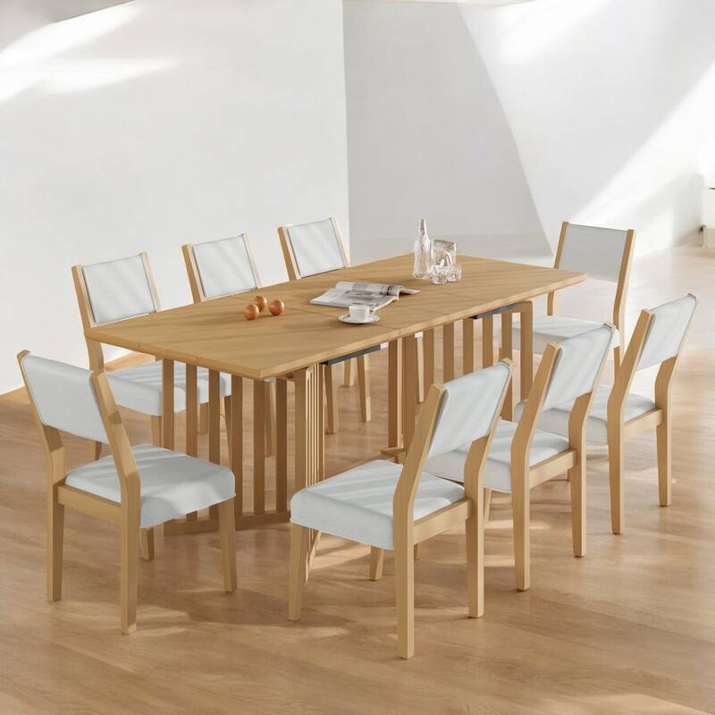 9-Piece Extendable Farmhouse Dining Set with 2 Removable Leaves and 8 Upholstered Chairs for Dining Room- Rubber Wood - Natural