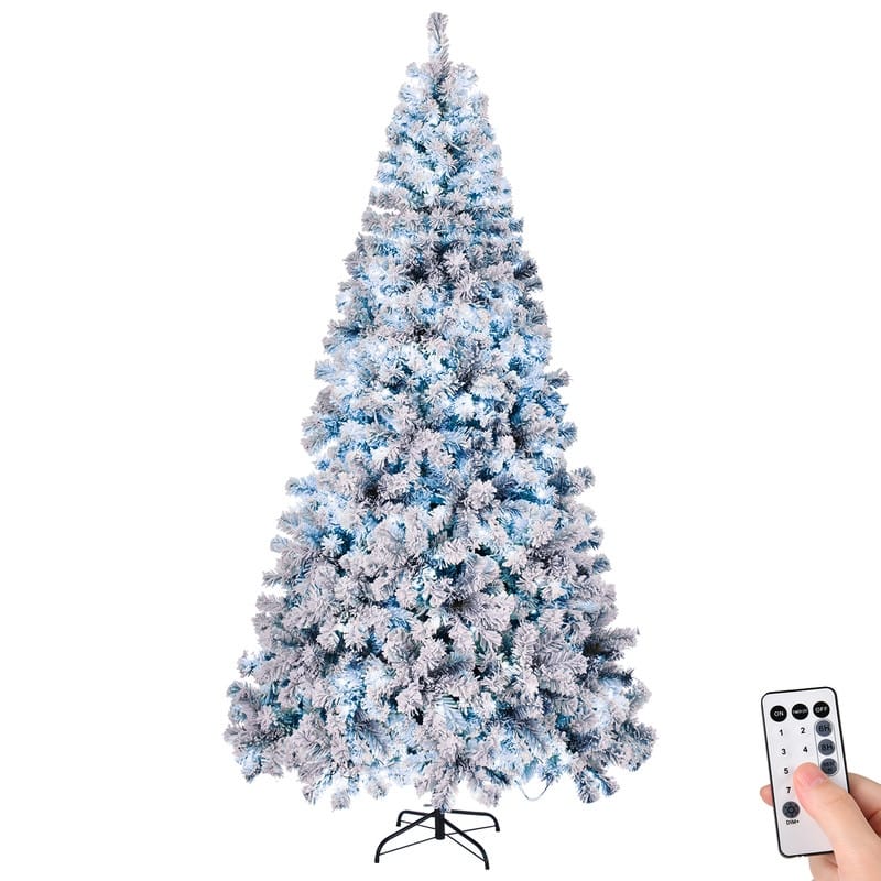 8 FT Pre-lit Snow Flocked Christmas Tree, Artificial Hinged Xmas Pine Tree,Remote Control for Holiday Party, Snowy Green