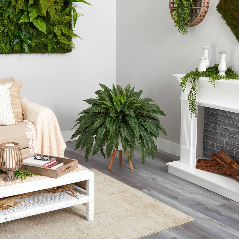 2.5' Artificial Boston Fern Plant in White Planter with Legs