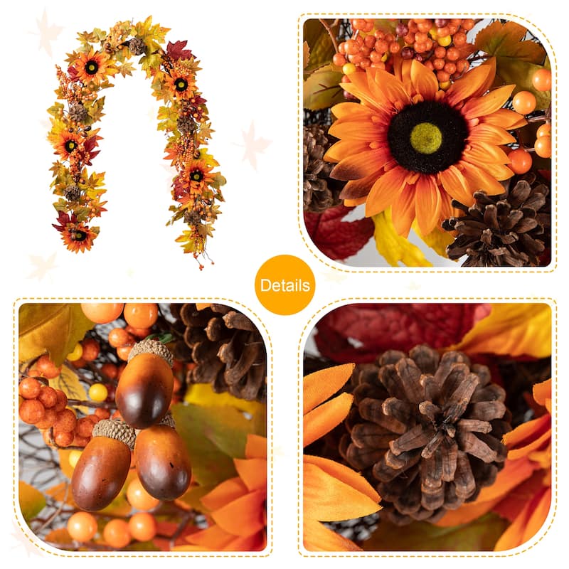 Glitzhome Fall Harvest Sunflower Maple Leaf Berry Garland Swag Wreath