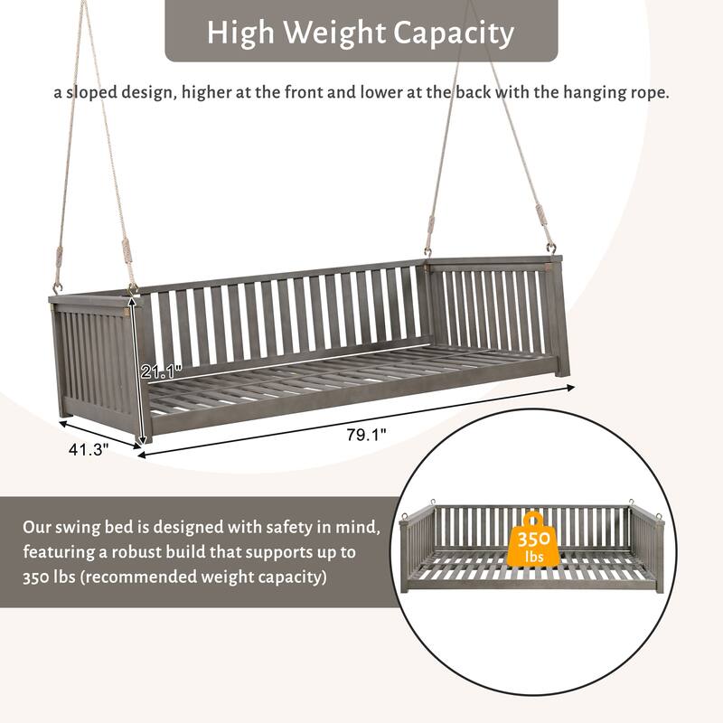 Acacia Wood Twin Size Patio Swing Bed, Outdoor Porch Hanging Bed with Safe Sloped Design and Hemp Ropes for Garden or Backyard
