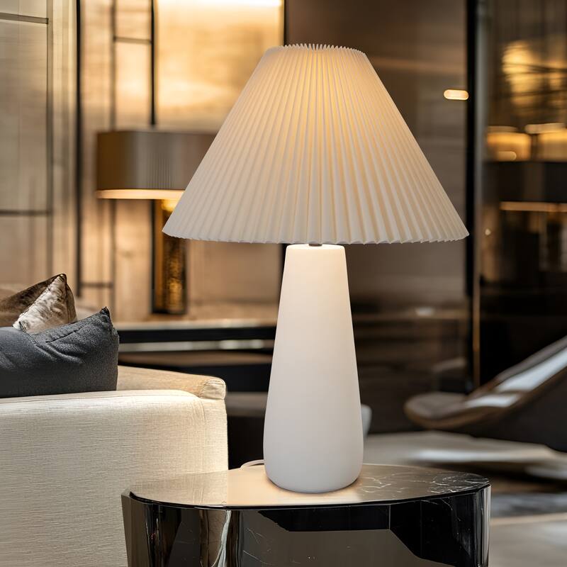 Brightech Gwen 25 in Off-White Cream Mid-Century 9W 800Lm 3000K LED Contemporary Round Table Lamp With Cream Cotton Empire Shade