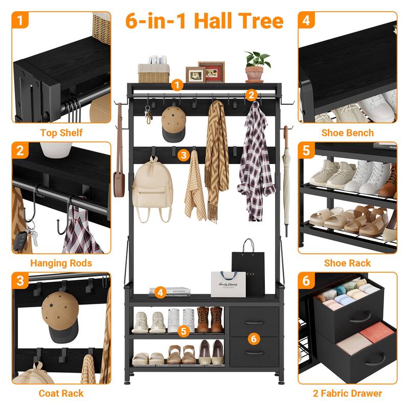 6-in-1 39.4"Hall Tree with Bench Entryway Shoe Rack w/24 Hooks & 2 Drawers