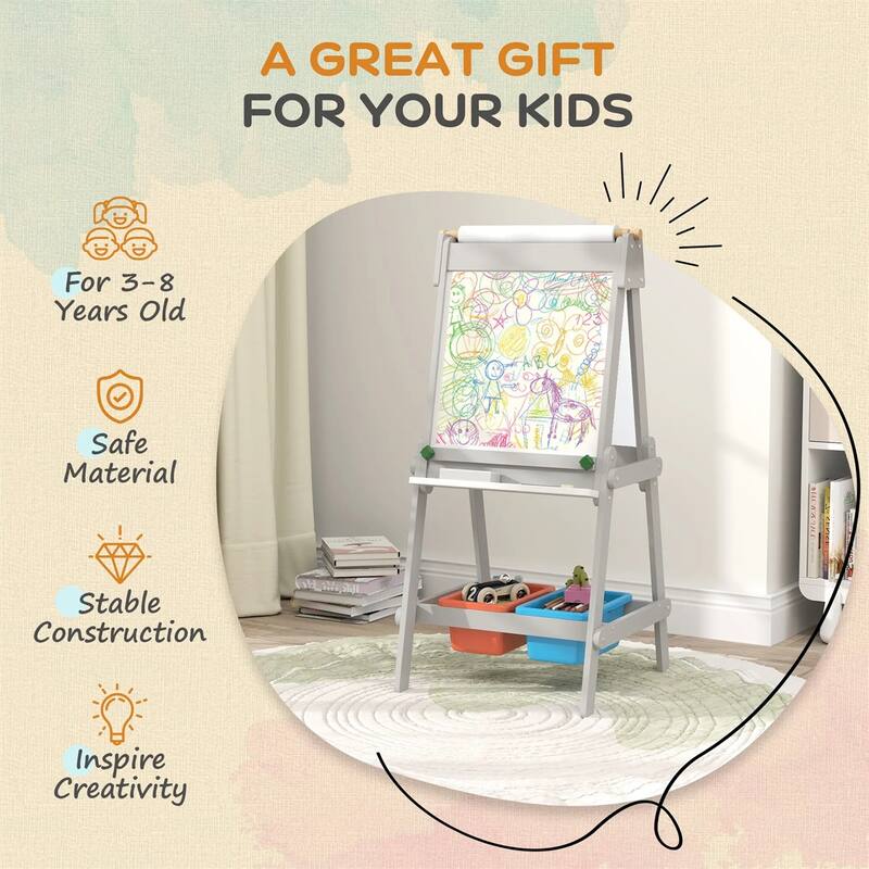 3-in-1 Kids Art Easel with Chalkboard Whiteboard Paper Roll Storage Boxes Pen Holder for Toddlers Ages 3-8 Gray
