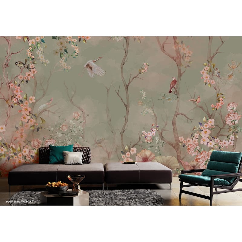 Cherry Blossom and Birds Wallpaper Mural Pastel Floral Serenity