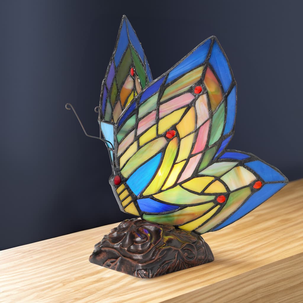 Multicolored Glass/Resin/Brass Butterfly Wings Accent Lamp - 5.5"L x 7.5"W x 9.5"H