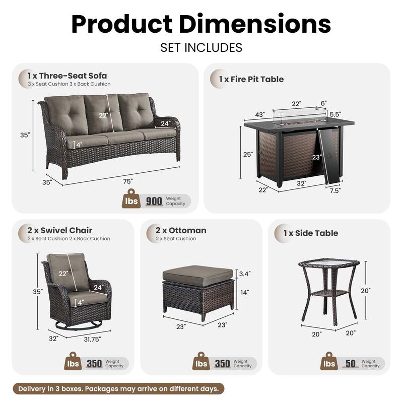Gymojoy 7-Piece Patio Set w/ 55K BTU Fire Pit, 3-Seater Sofa, Swivel Rockers & Ottomans for Backyard, Deck