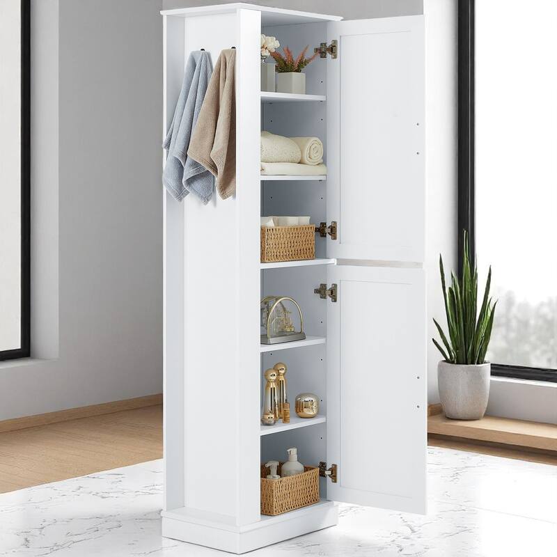 68-Inch Tall Bathroom Storage Cabinet with 2 Doors, Adjustable Shelves, Side Hooks & Anti-Tip Kit, Freestanding Organizer, Black