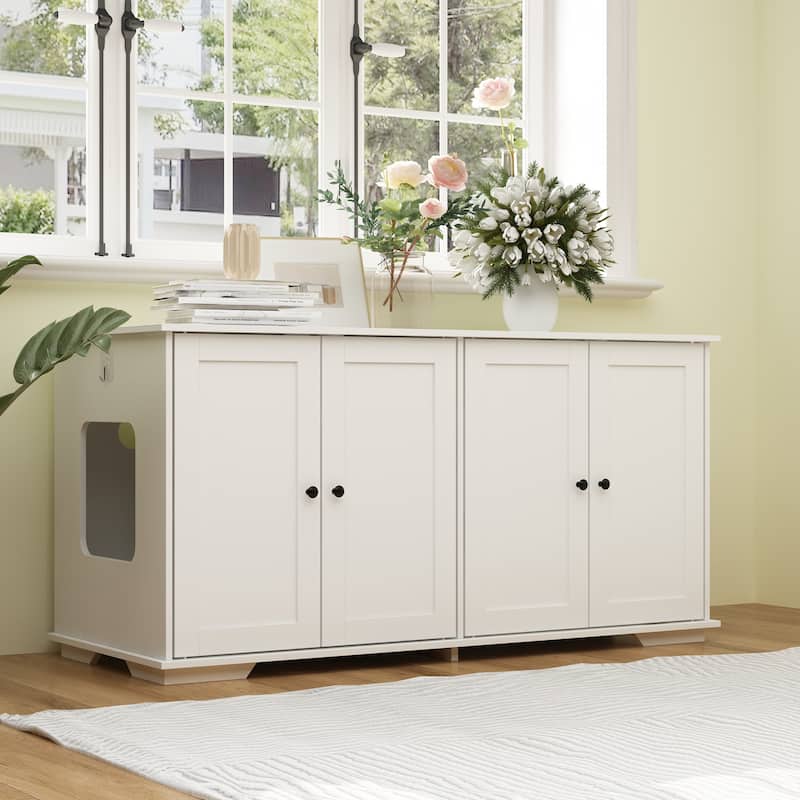 47.2"W Cat Litter Box Enclosure Dual-Door Hidden Furniture Black/White