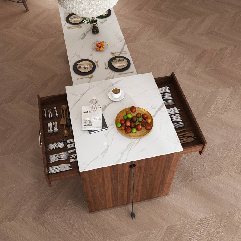 80-Inch Expandable Mobile Kitchen Island with Dining Table, Marble-Grain Top & Power Outlet