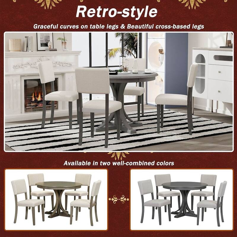 5 PCS Retro Round Dining Table Set for 4 with 4 Upholstered Chairs
