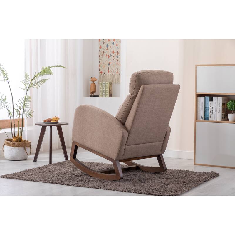 Modern Accent Upholstered Rocking Rocker High Back Arm Chair with Wooden Frame Side & Pockets for Living Room
