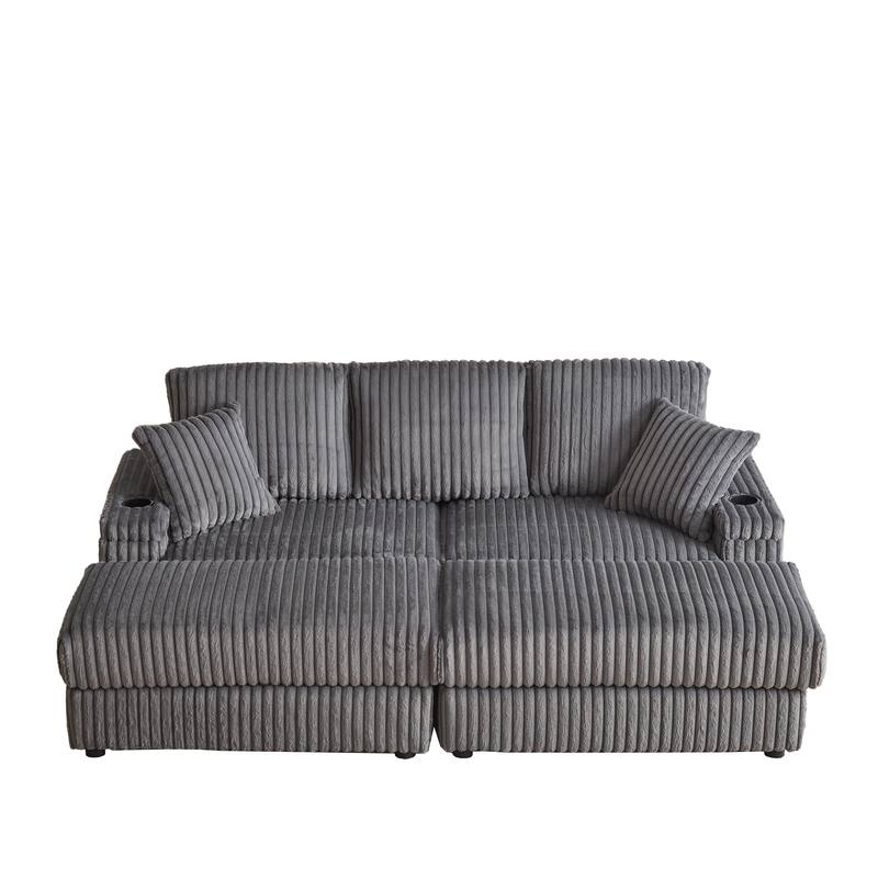 Deep Seat Sectional Loveseat Set with 2 Ottoman and 2 Pillows, Corduroy Chaise Lounge Bed with 2 Storage Spaces and Cupholding