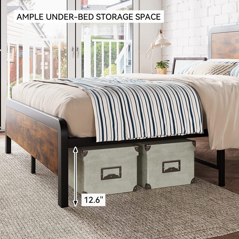Metal Platform Bed with Wood Headboard and Footboard