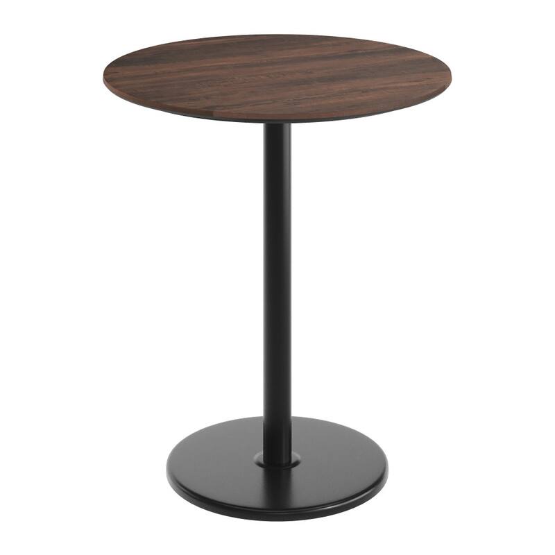 Commercial HPL Tabletop with Bar Height Round Base - 36"W x 36"D x 42"H - Dark Brown/Black Base