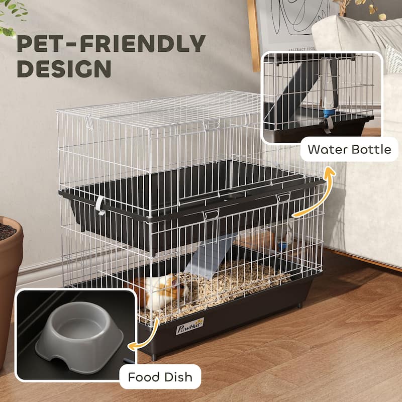 PawHut 2-Tier Guinea Pig Cage, Ferret Cage, Chinchilla Cage, Small Animal Cage Indoor with Dish and Bottle, 2 Doors