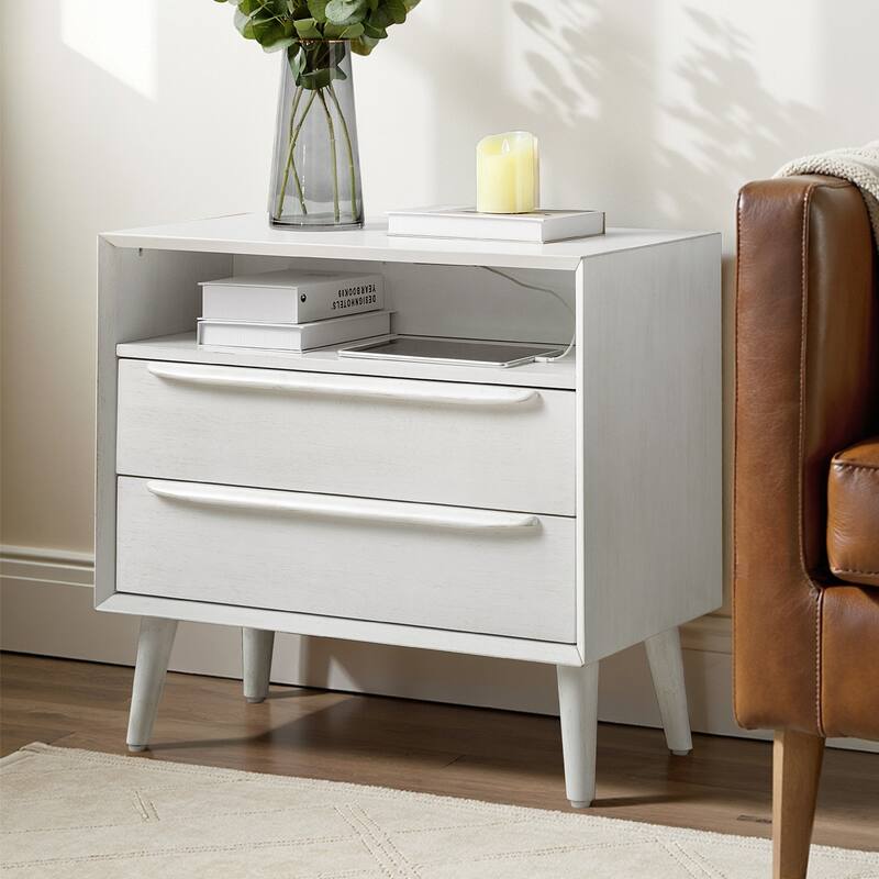 Kay Mid-century Modern 2 - Drawer End Table with Built-In Outlets and USB by HULALA HOME - White