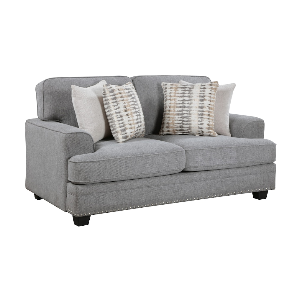 Brady Loveseat with 4 Pillows, Gray Chenille, Nailhead Trim, 66 Inch