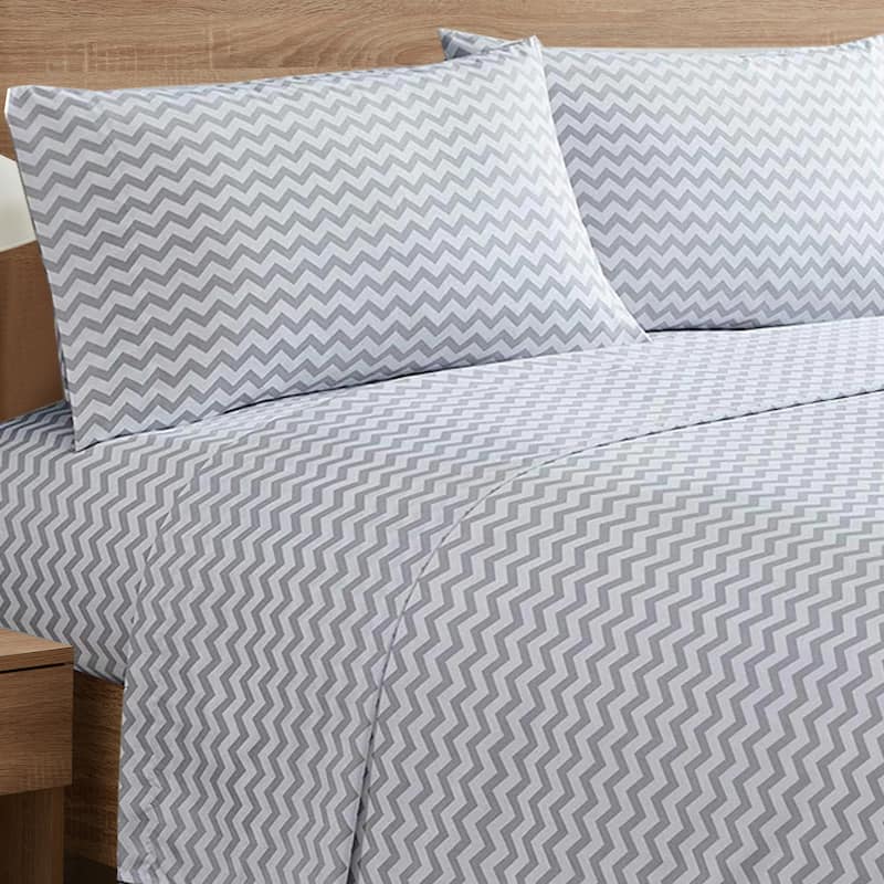 6 Piece Chevron Stripe Print Bedroom Bed Sheet Set- Grey