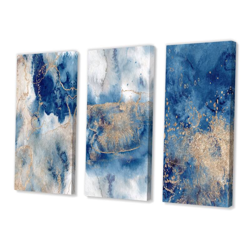 Designart 'Blue And Gold Marble Clouds III' Modern Art Set of 3 Pieces