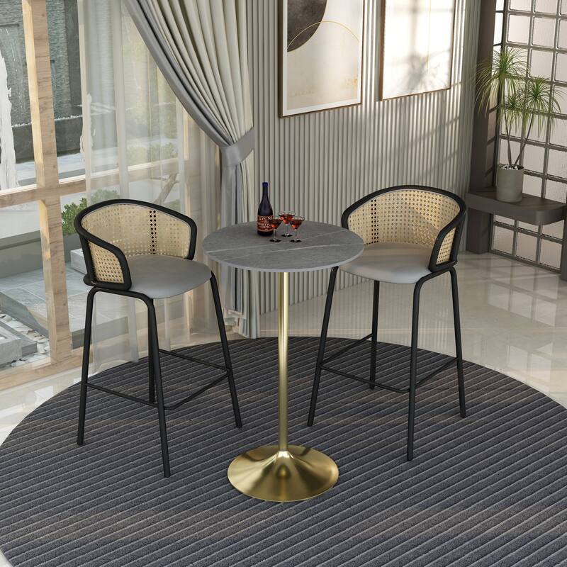 LeisureMod Verve 27" Bar Dining Table with Sintered Stone Round Top in Gold Steel, Gold Marbleized
