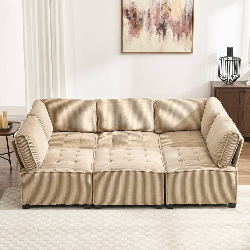 Ergonomic Lounge Modular Couch Corduroy Sectional Sofa with Deep Seat Ottoman Chaise and High-Rebound Thick Cushions - Khaki