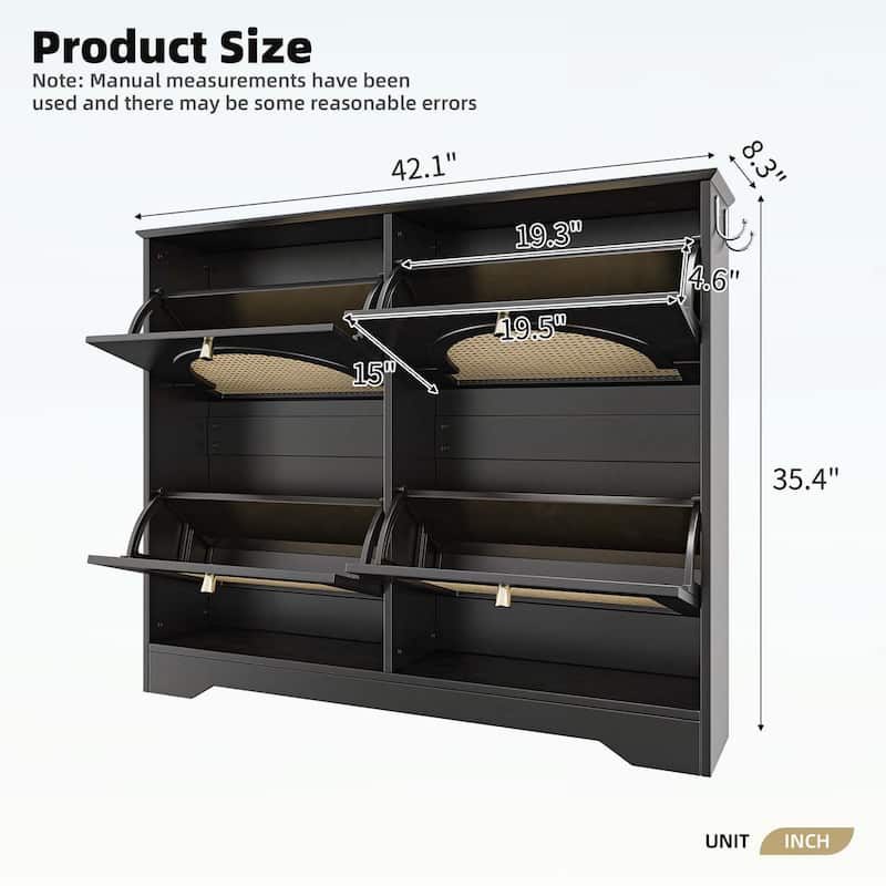 Elegant Entryway Shoe Cabinet with 4 Flip Drawers,with Rattan Doors and Hooks