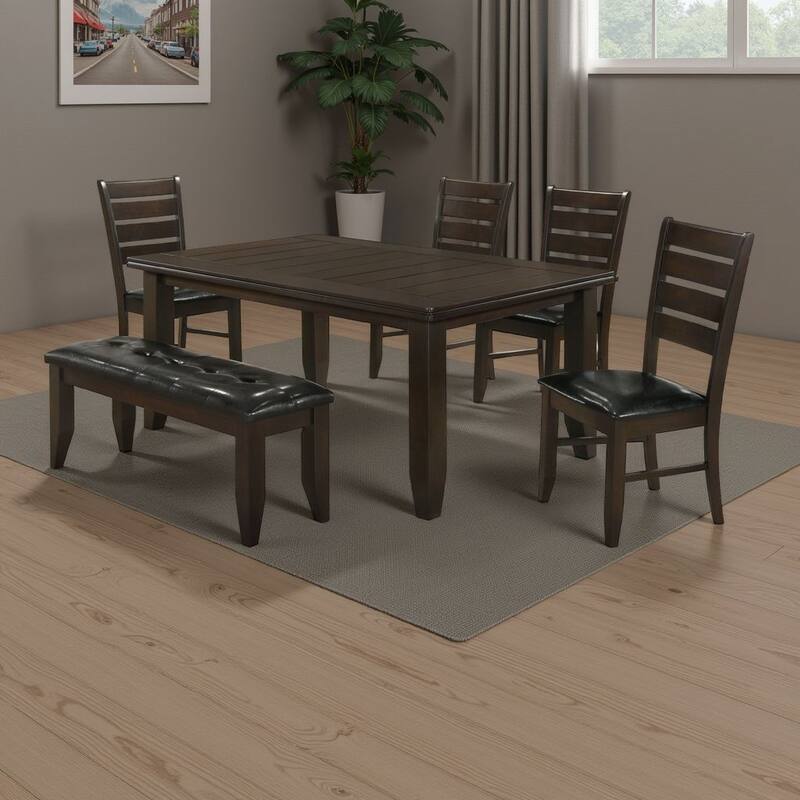 Diyi 6pc Dining Table 4 Chairs and Bench Set, Brown Faux Leather