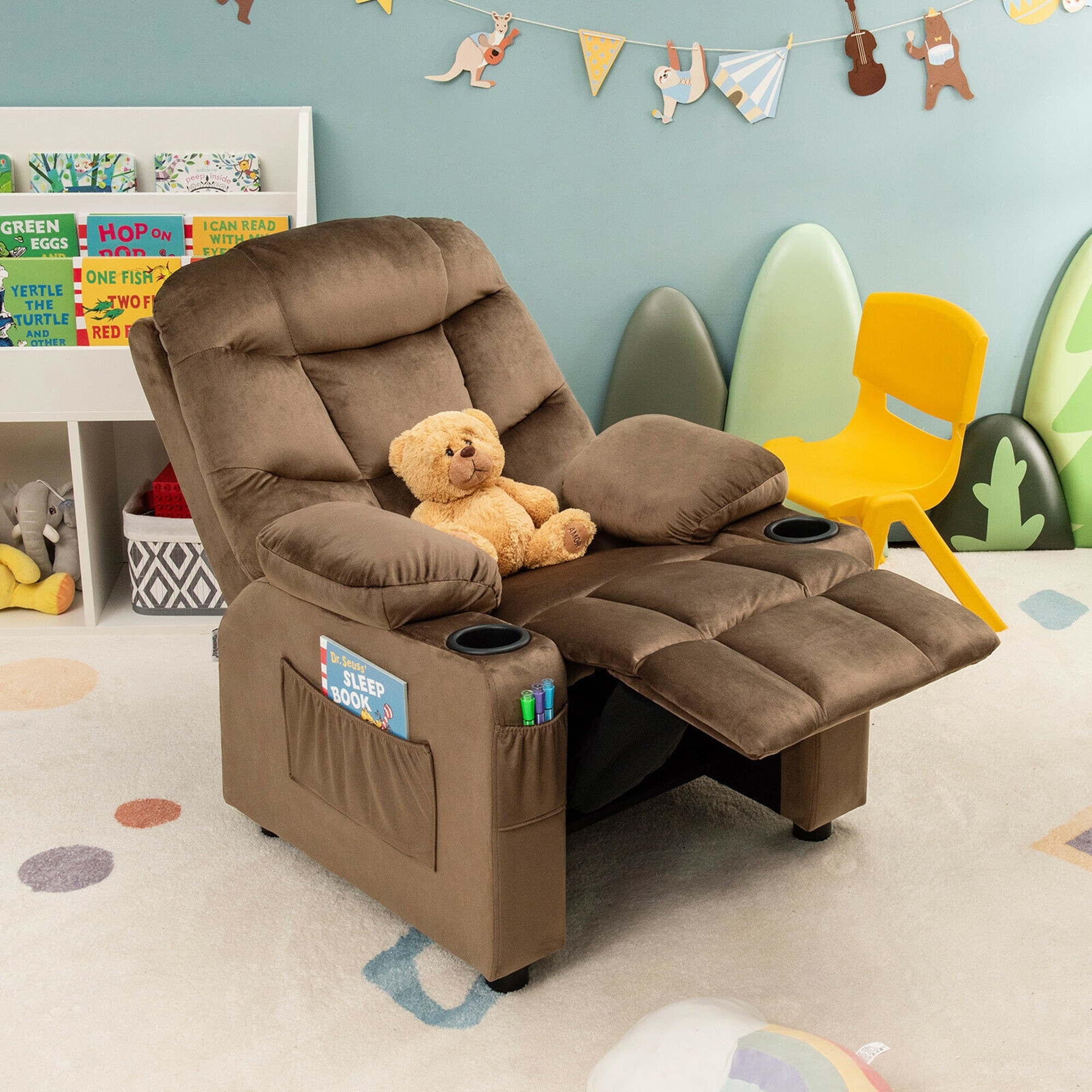 Gymax Kids Youth Recliner Chair Velvet Fabric w Cup Holder Side