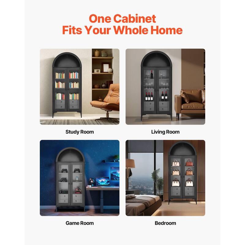 Black Tall MDF Display Cabinet with Adjustable Storage Shelves and Glass Doors for Living Room - 31.50” × 15.75” × 70.47”