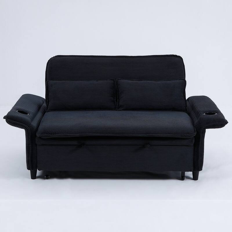 65.74-inch Black Corduroy Multi-functional Adjustable Sofa Bed with Letter Stripes