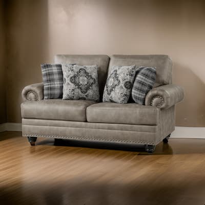 Jade 72 Inch Loveseat, Taupe Brown Microfiber, 4 Pillows, Cushioned, Wood