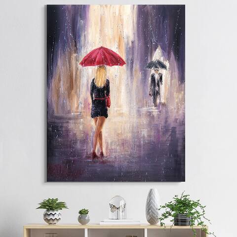 Designart 'Lady With Red Umbrella Walking In The Rain' Traditional Canvas Wall Art Print