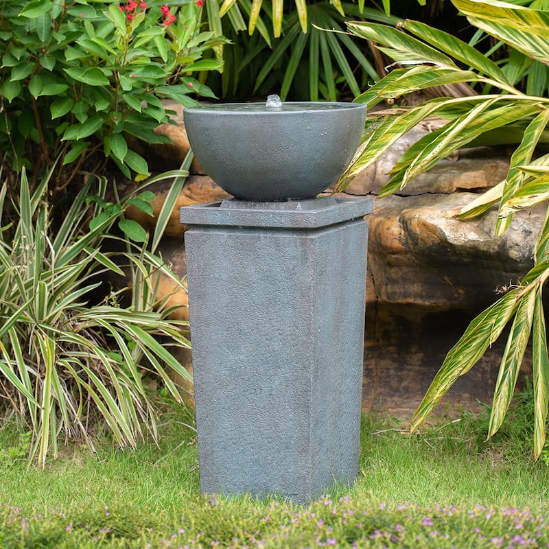 35.5" Polyresin Gray Zen Bowl Water Fountain, Outdoor Bird Feeder /Bath Fountains, Relaxing Water Feature - Grey