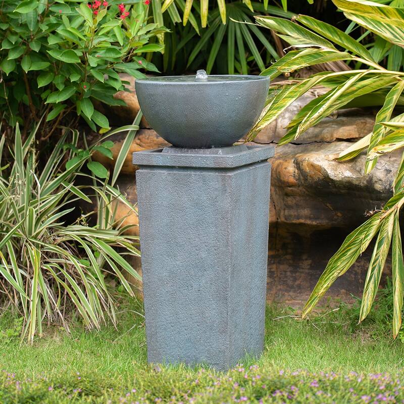 Polyresin Gray Zen Bowl Water Fountain, Outdoor Bird Feeder /Bath